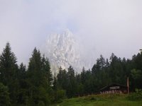 Hinter der Jausenstation Graspoint Niederalm erscheint der Ostkaiser im Nebel